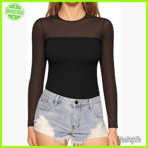 Sheer Mesh Long Sleeve Top Fitted Crew Neck Patchwork Details Trendy